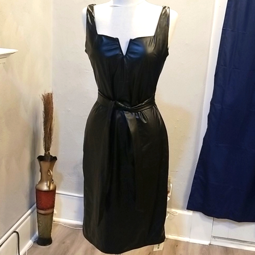 Faux Leather Black Midi Dress w/ belt